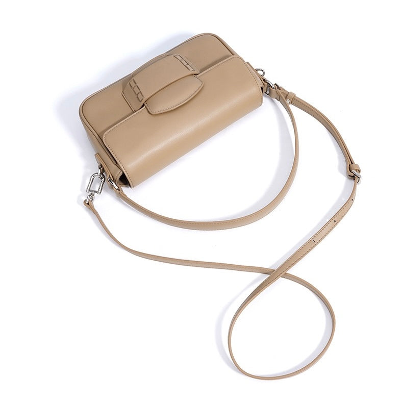 Womens Genuine Leather Small Square Shoulder Bag  Minimalist Flap Crossbody
