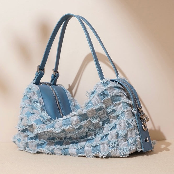 Womens Genuine Leather Denim Patchwork Shoulder Bag  Vintage Artistic Style