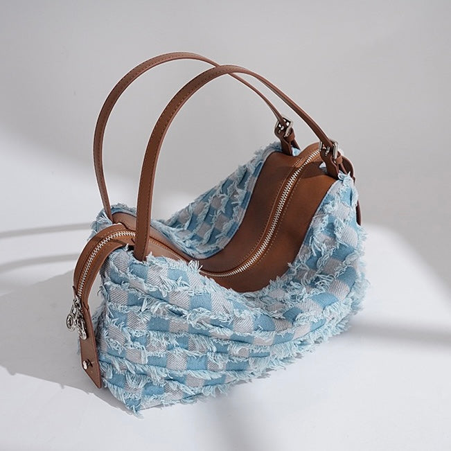 Womens Genuine Leather Denim Patchwork Shoulder Bag  Vintage Artistic Style