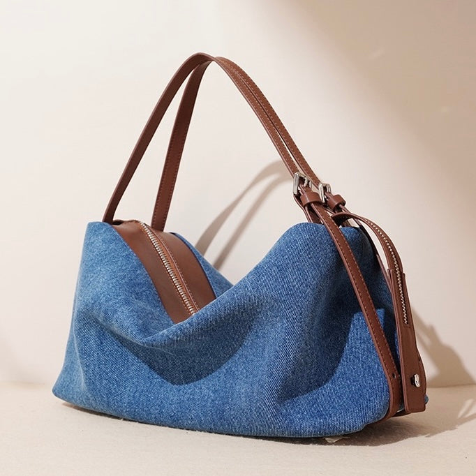 Womens Genuine Leather Denim Patchwork Shoulder Bag  Vintage Artistic Style