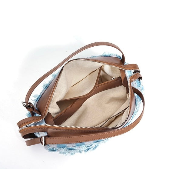 Womens Genuine Leather Denim Patchwork Shoulder Bag  Vintage Artistic Style