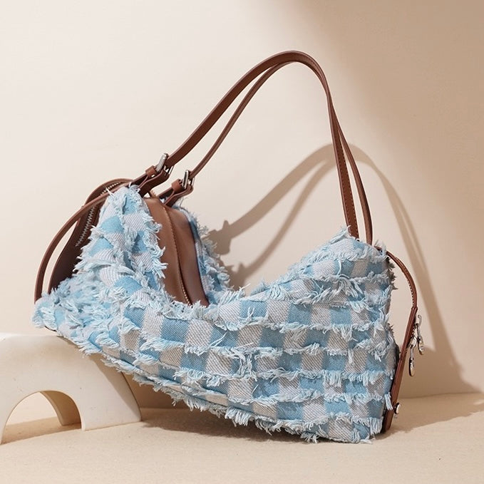 Womens Genuine Leather Denim Patchwork Shoulder Bag  Vintage Artistic Style