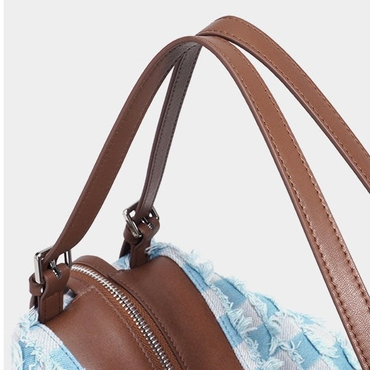 Womens Genuine Leather Denim Patchwork Shoulder Bag  Vintage Artistic Style
