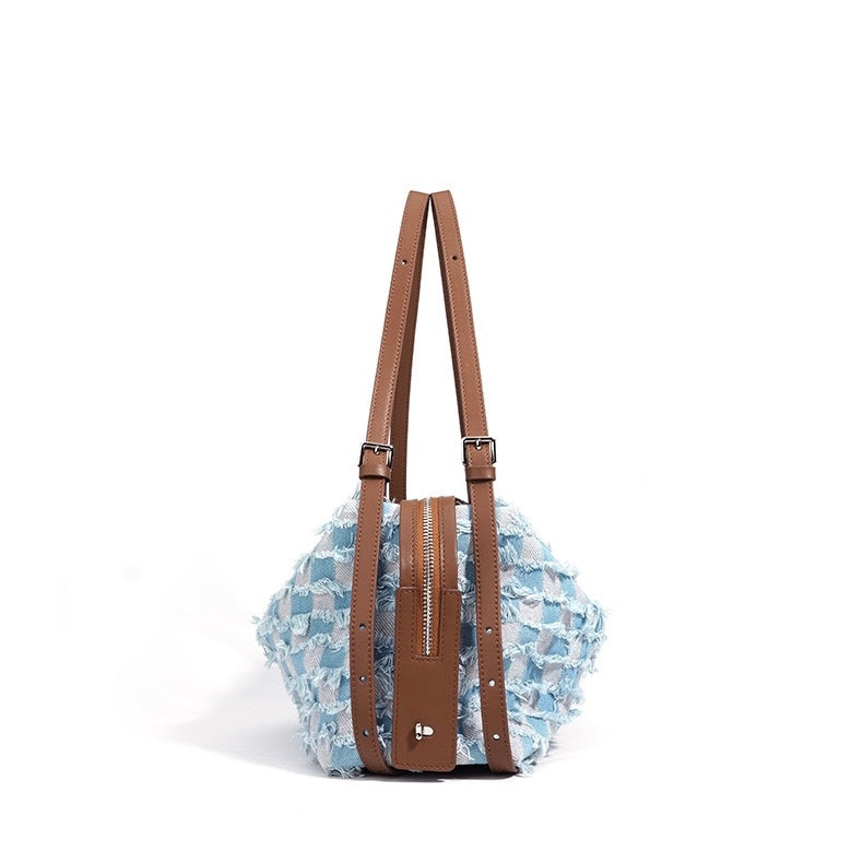 Womens Genuine Leather Denim Patchwork Shoulder Bag  Vintage Artistic Style