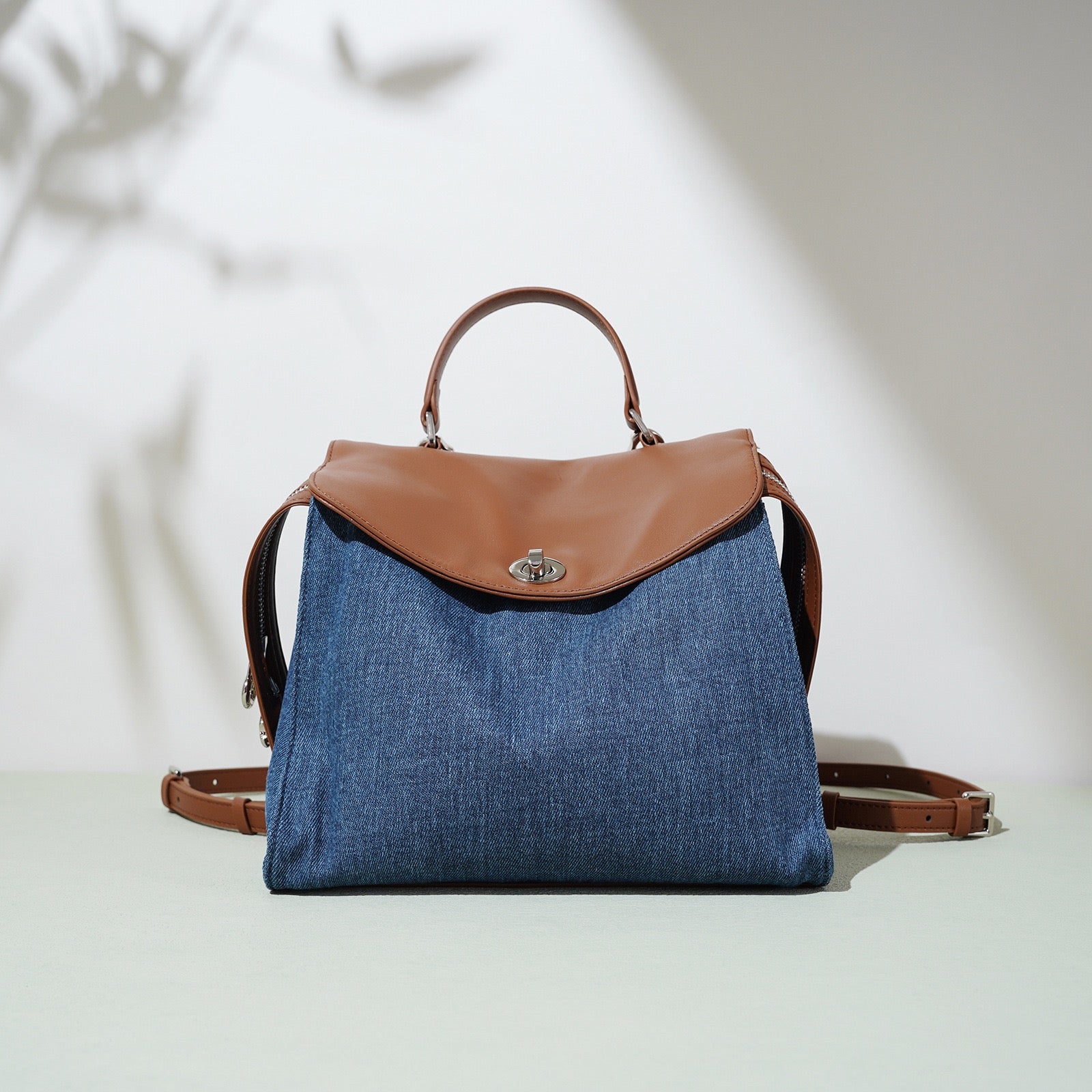 Womens Genuine Leather & Denim Patchwork Backpack  Large Capacity Commuter Bag