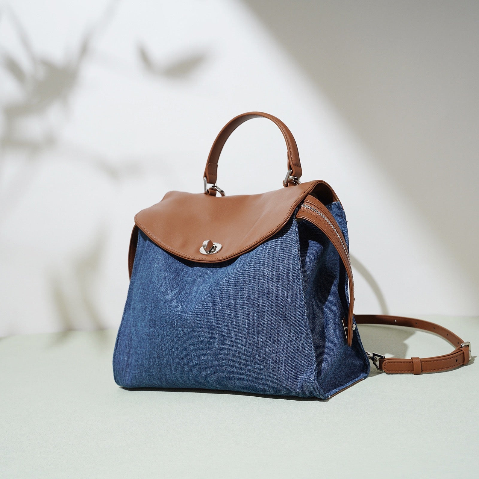 Womens Genuine Leather & Denim Patchwork Backpack  Large Capacity Commuter Bag