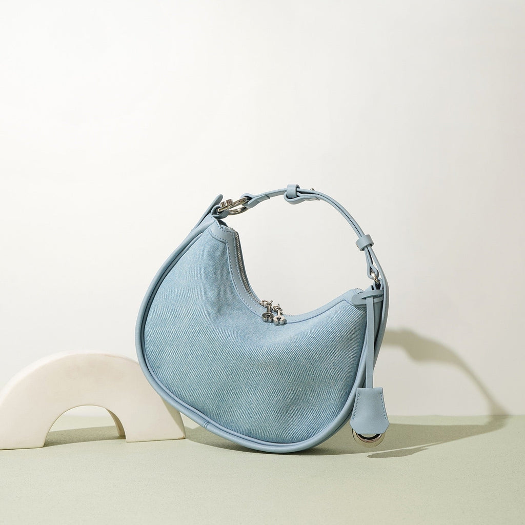 Womens Genuine Leather & Denim Crescent Shoulder Bag  Spring/Summer Mini Edition