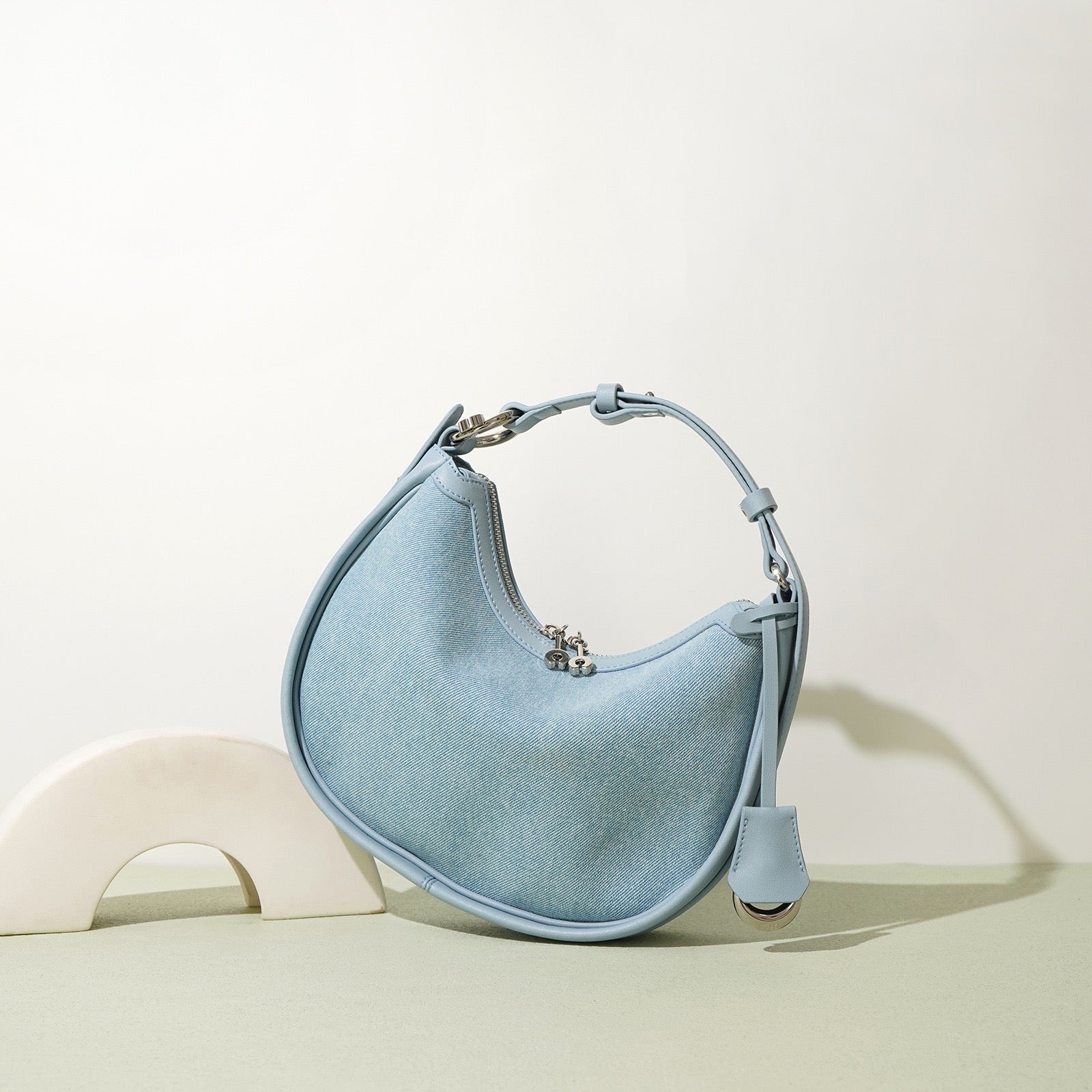 Womens Genuine Leather & Denim Crescent Shoulder Bag  Spring/Summer Mini Edition