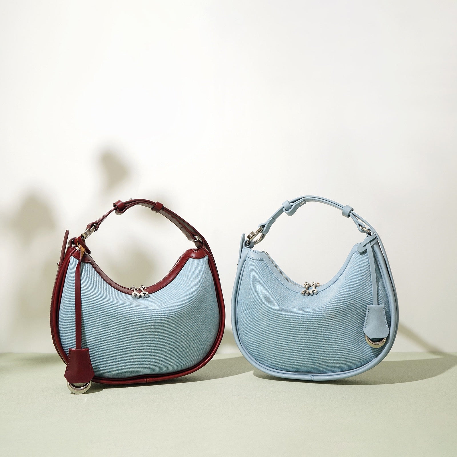 Womens Genuine Leather & Denim Crescent Shoulder Bag  Spring/Summer Mini Edition