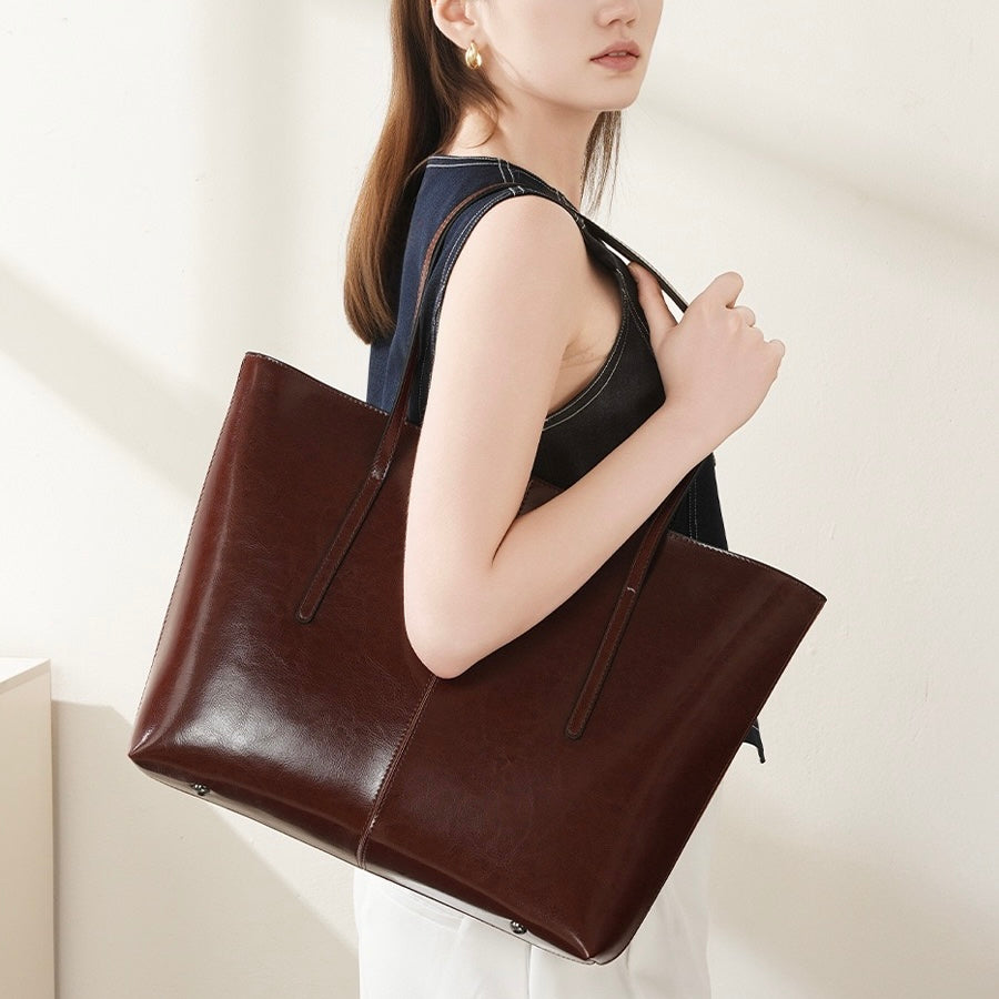 Womens Genuine Leather Large Tote Shoulder Bag  Daily Commuter Essential