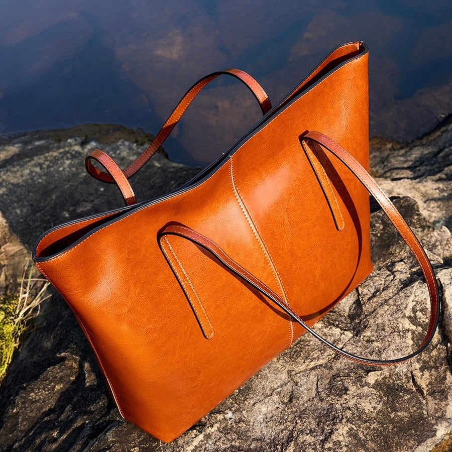 Womens Genuine Leather Large Tote Shoulder Bag  Daily Commuter Essential