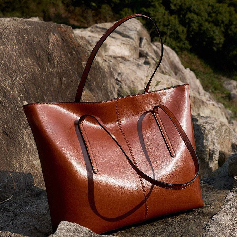 Womens Genuine Leather Large Tote Shoulder Bag  Daily Commuter Essential