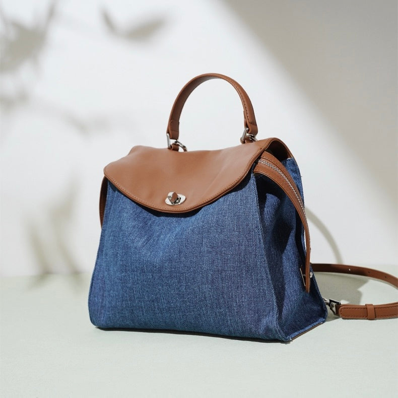 Womens Genuine Leather & Denim Patchwork Backpack  Large Capacity Commuter Bag