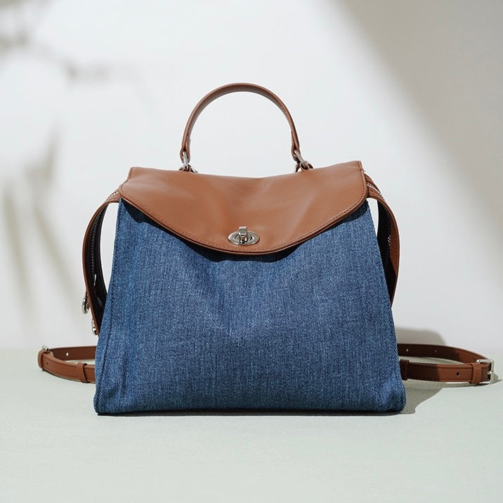 Womens Genuine Leather & Denim Patchwork Backpack  Large Capacity Commuter Bag