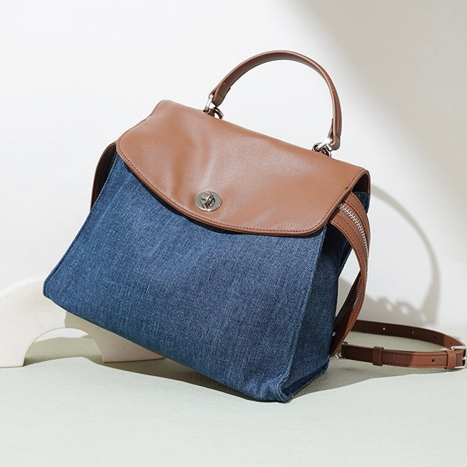 Womens Genuine Leather & Denim Patchwork Backpack  Large Capacity Commuter Bag