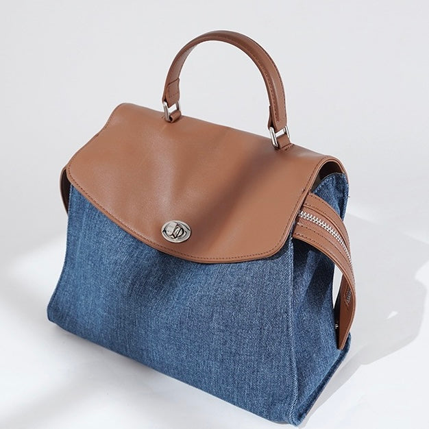 Womens Genuine Leather & Denim Patchwork Backpack  Large Capacity Commuter Bag