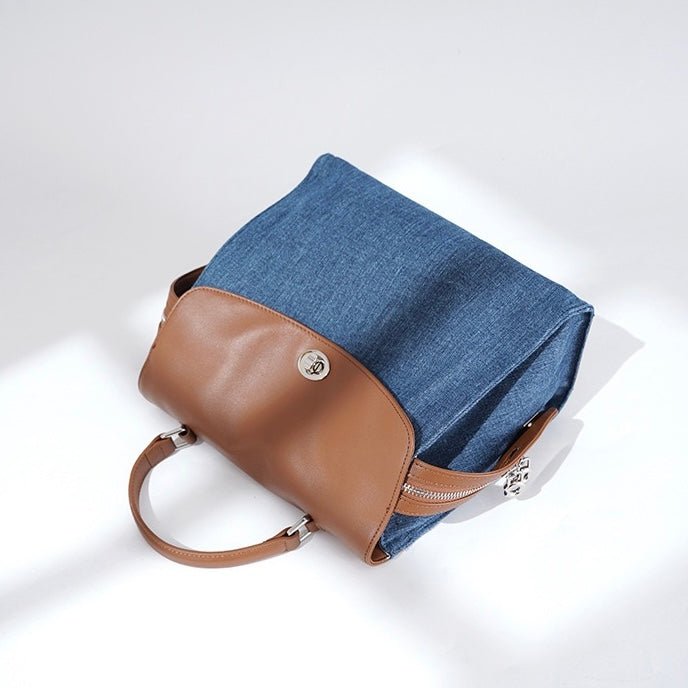 Womens Genuine Leather & Denim Patchwork Backpack  Large Capacity Commuter Bag