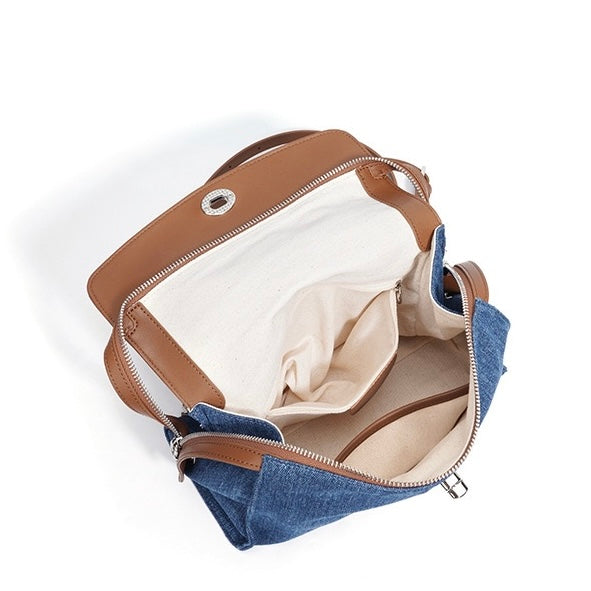 Womens Genuine Leather & Denim Patchwork Backpack  Large Capacity Commuter Bag