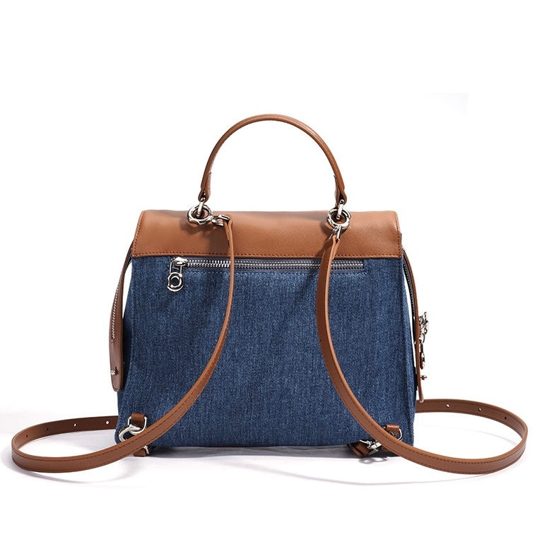 Womens Genuine Leather & Denim Patchwork Backpack  Large Capacity Commuter Bag