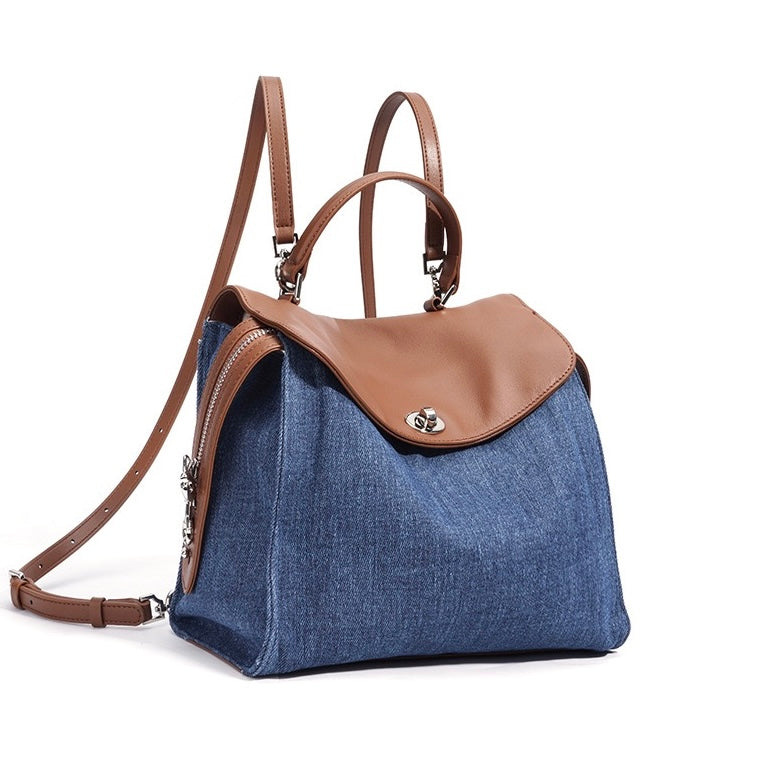 Womens Genuine Leather & Denim Patchwork Backpack  Large Capacity Commuter Bag