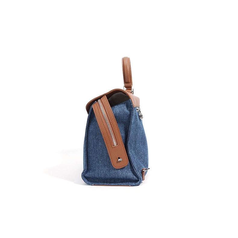 Womens Genuine Leather & Denim Patchwork Backpack  Large Capacity Commuter Bag