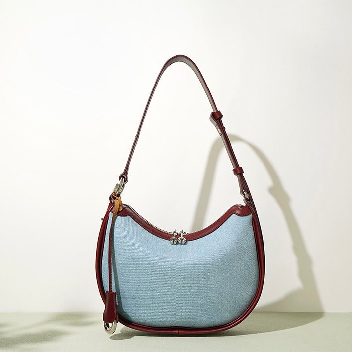 Womens Genuine Leather & Denim Crescent Shoulder Bag  Spring/Summer Mini Edition