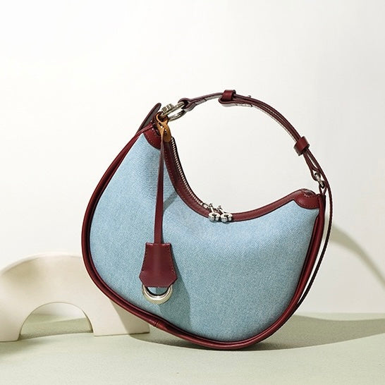 Womens Genuine Leather & Denim Crescent Shoulder Bag  Spring/Summer Mini Edition
