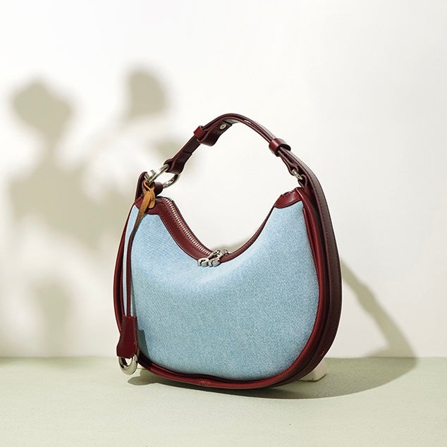 Womens Genuine Leather & Denim Crescent Shoulder Bag  Spring/Summer Mini Edition