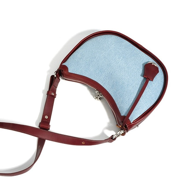 Womens Genuine Leather & Denim Crescent Shoulder Bag  Spring/Summer Mini Edition