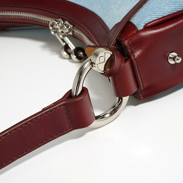 Womens Genuine Leather & Denim Crescent Shoulder Bag  Spring/Summer Mini Edition