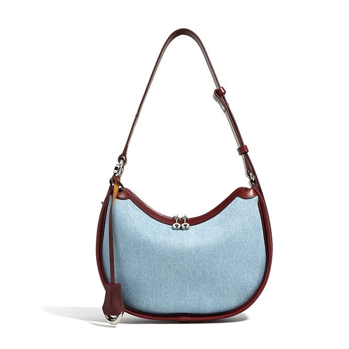 Womens Genuine Leather & Denim Crescent Shoulder Bag  Spring/Summer Mini Edition