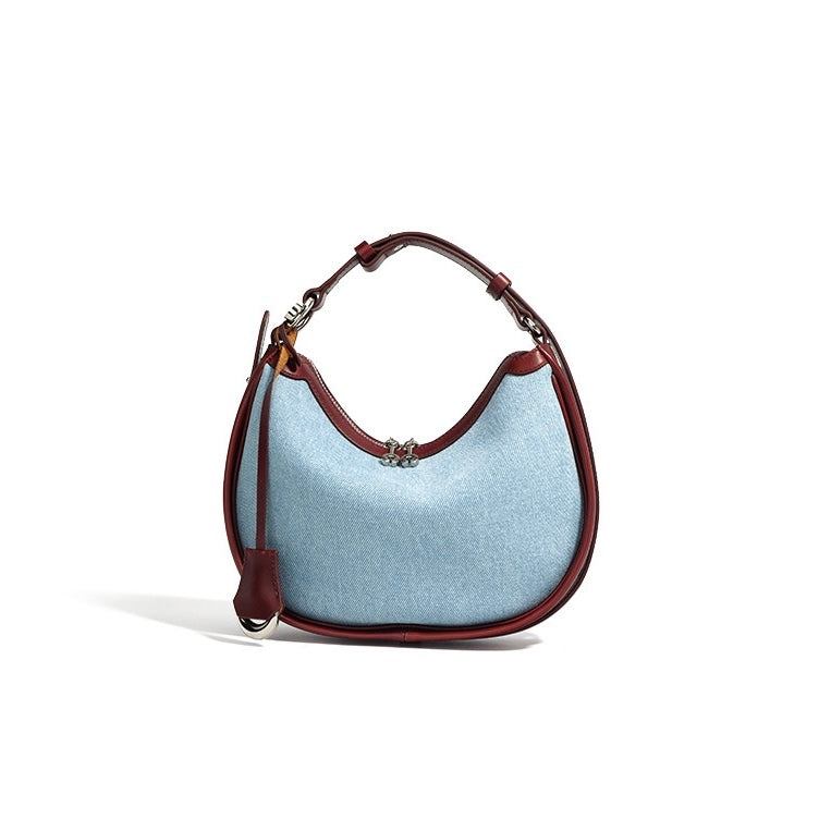Womens Genuine Leather & Denim Crescent Shoulder Bag  Spring/Summer Mini Edition