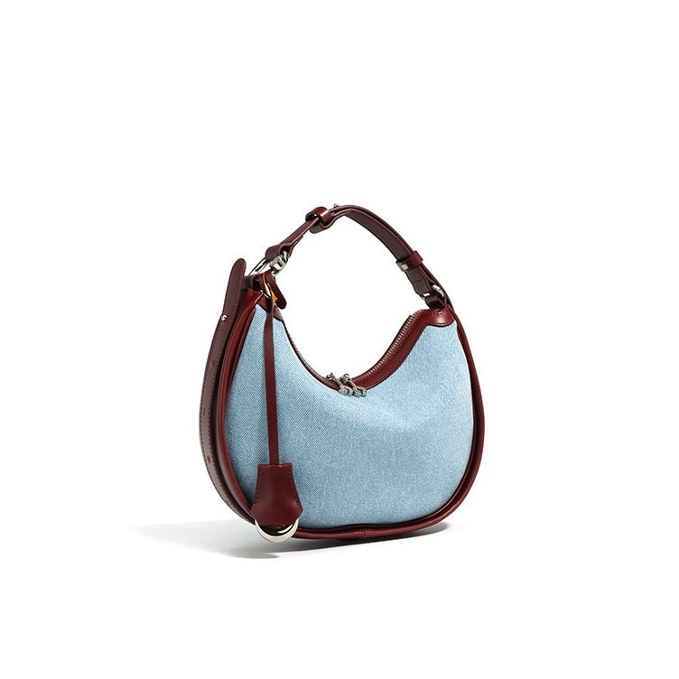 Womens Genuine Leather & Denim Crescent Shoulder Bag  Spring/Summer Mini Edition