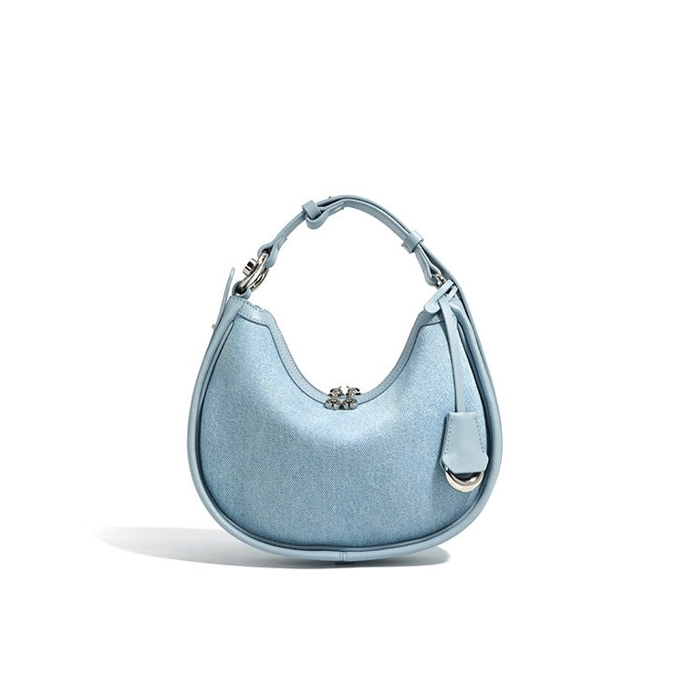 Womens Genuine Leather & Denim Crescent Shoulder Bag  Spring/Summer Mini Edition