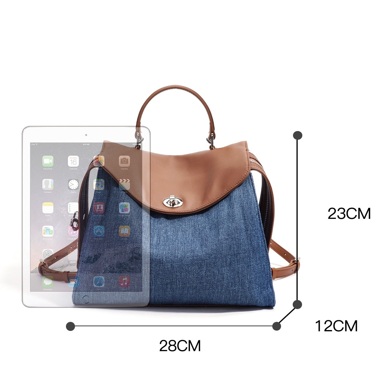Womens Genuine Leather & Denim Patchwork Backpack  Large Capacity Commuter Bag