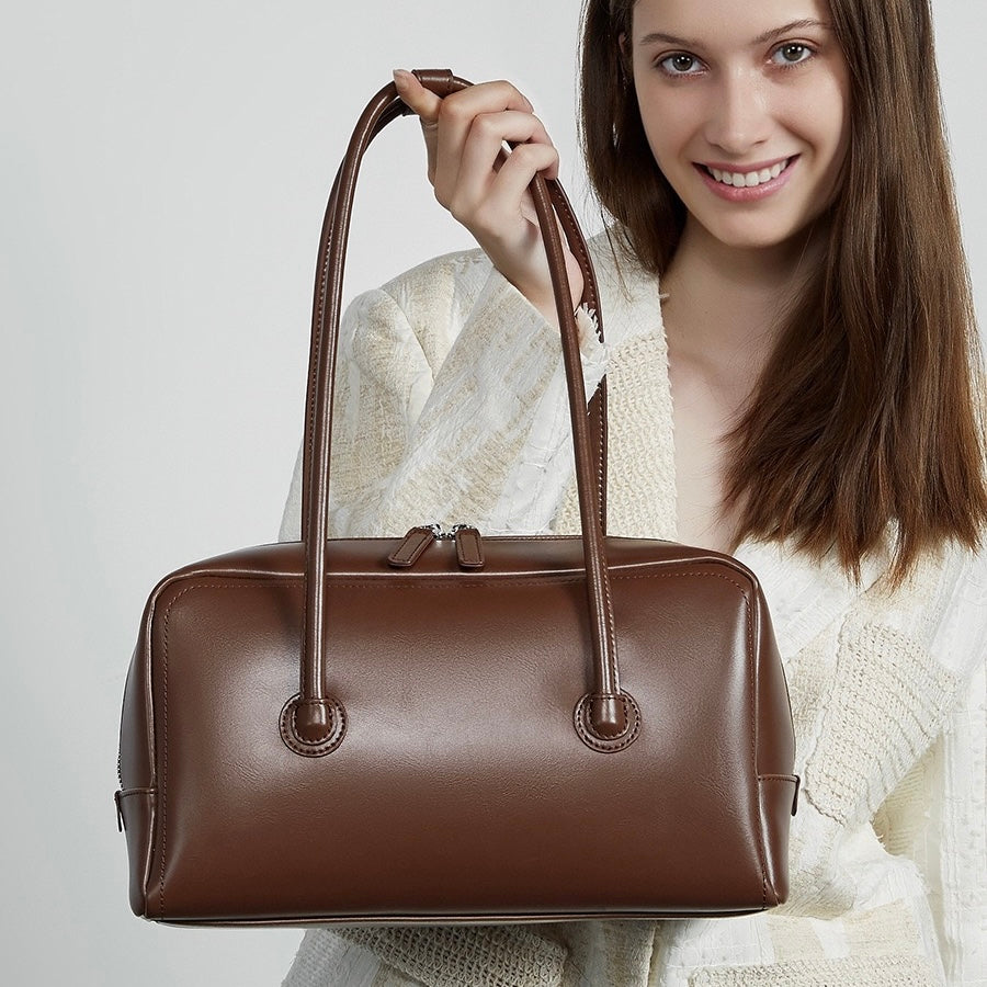 Womens Genuine Leather Boston Structured Pillow Shoulder Bag