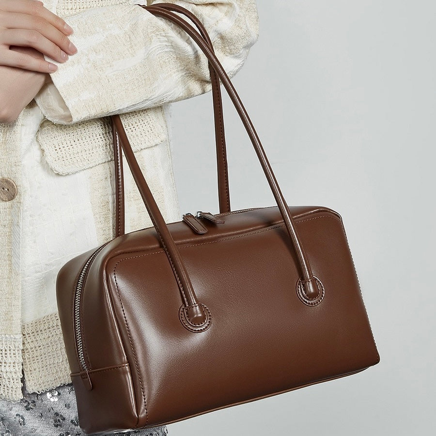 Womens Genuine Leather Boston Structured Pillow Shoulder Bag