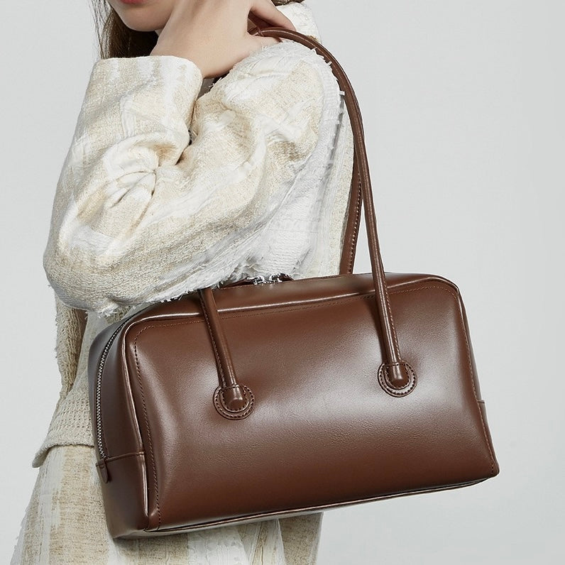 Womens Genuine Leather Boston Structured Pillow Shoulder Bag