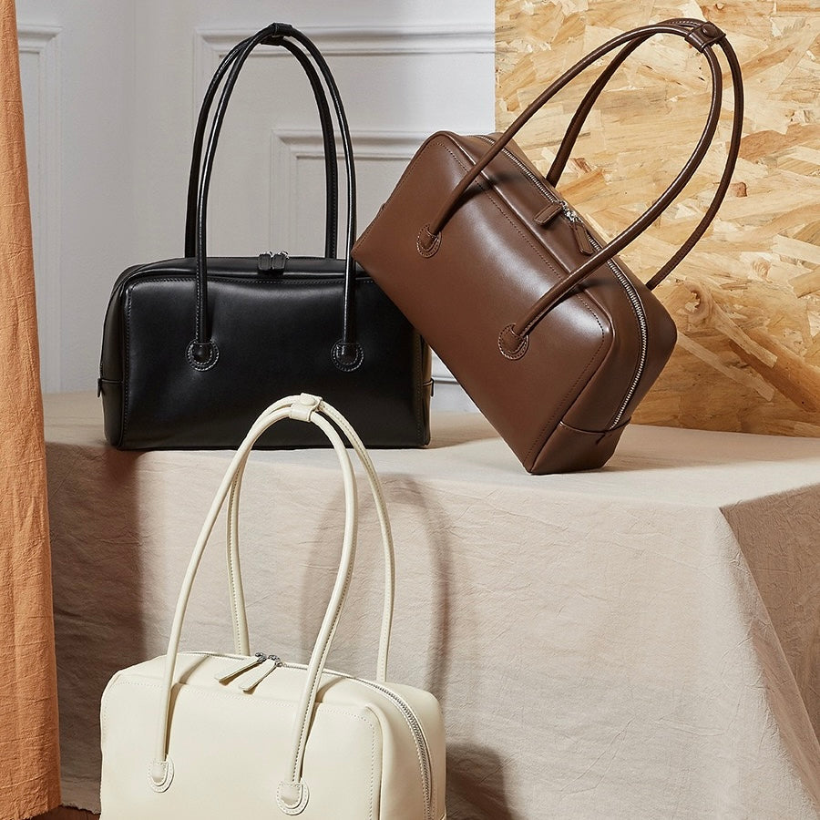 Womens Genuine Leather Boston Structured Pillow Shoulder Bag
