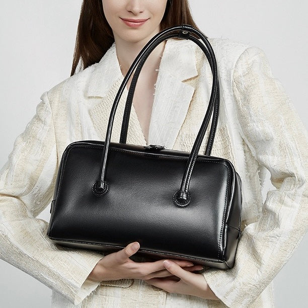 Womens Genuine Leather Boston Structured Pillow Shoulder Bag