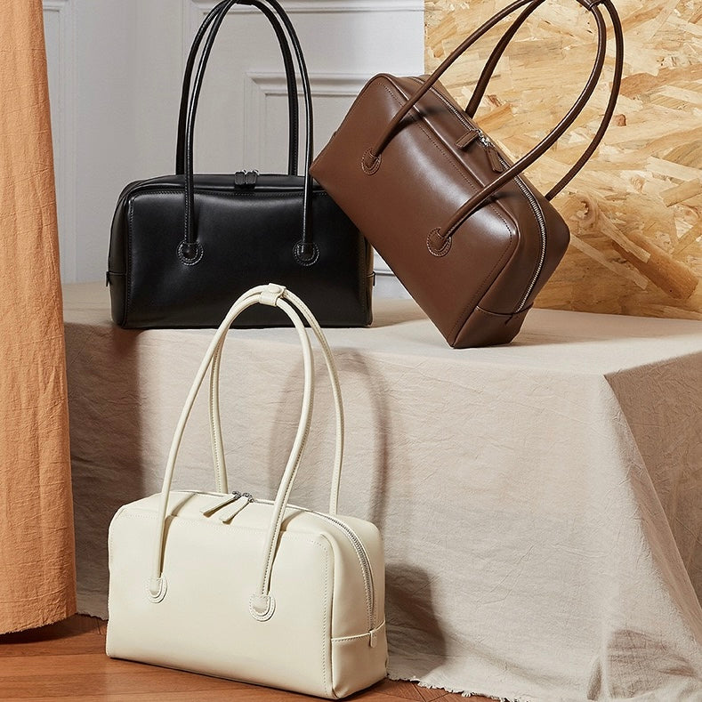 Womens Genuine Leather Boston Structured Pillow Shoulder Bag