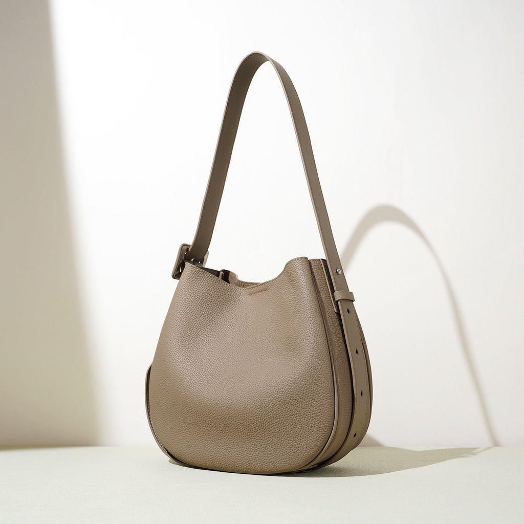 Womens Genuine Leather Wide Strap Commuter Bucket Shoulder Bag