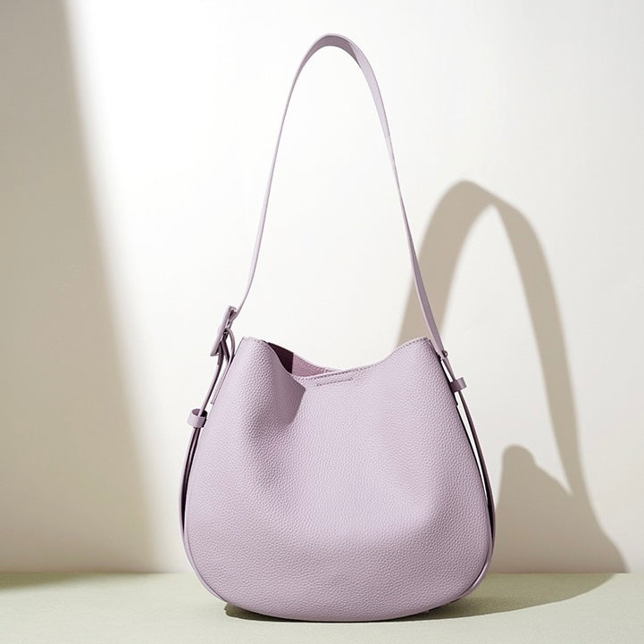 Womens Genuine Leather Wide Strap Commuter Bucket Shoulder Bag
