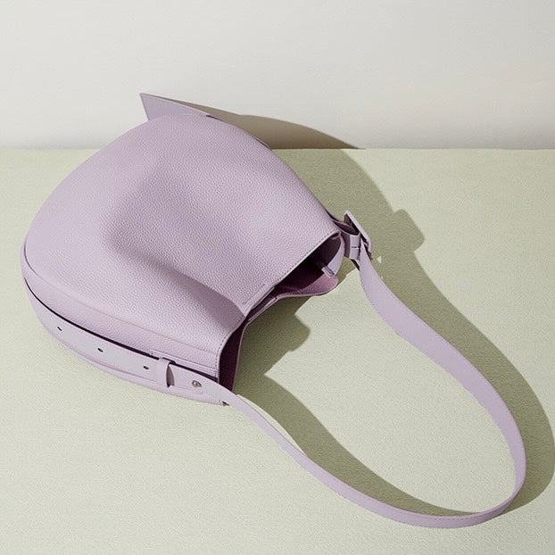 Womens Genuine Leather Wide Strap Commuter Bucket Shoulder Bag