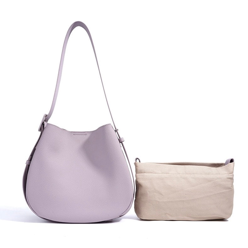 Womens Genuine Leather Wide Strap Commuter Bucket Shoulder Bag