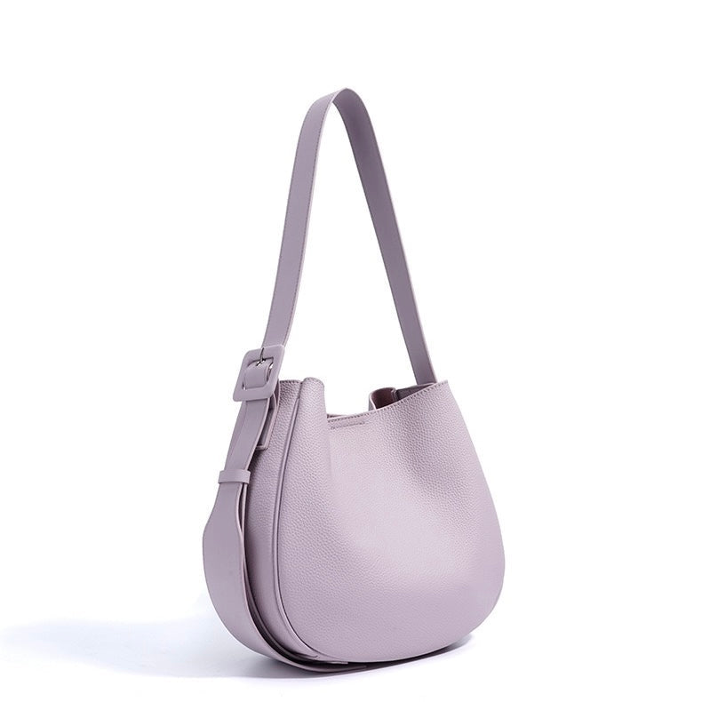 Womens Genuine Leather Wide Strap Commuter Bucket Shoulder Bag