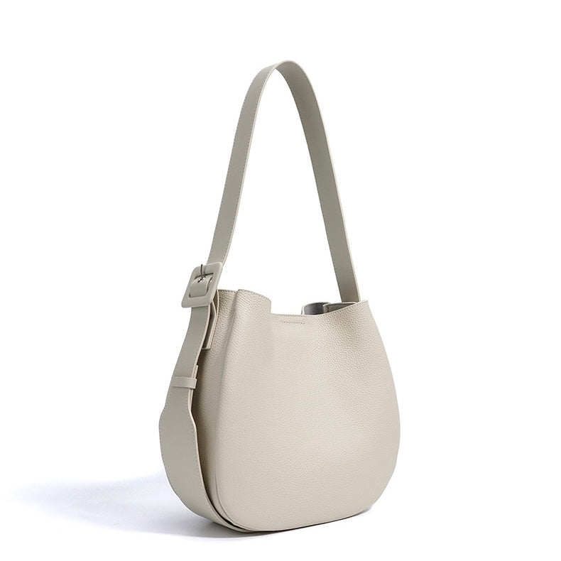 Womens Genuine Leather Wide Strap Commuter Bucket Shoulder Bag