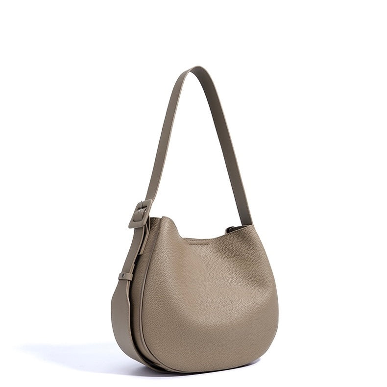 Womens Genuine Leather Wide Strap Commuter Bucket Shoulder Bag