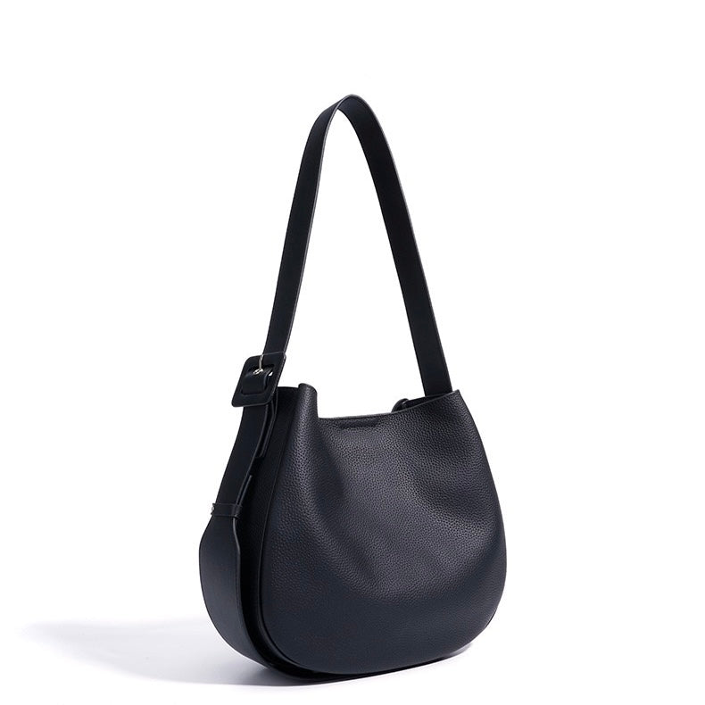 Womens Genuine Leather Wide Strap Commuter Bucket Shoulder Bag