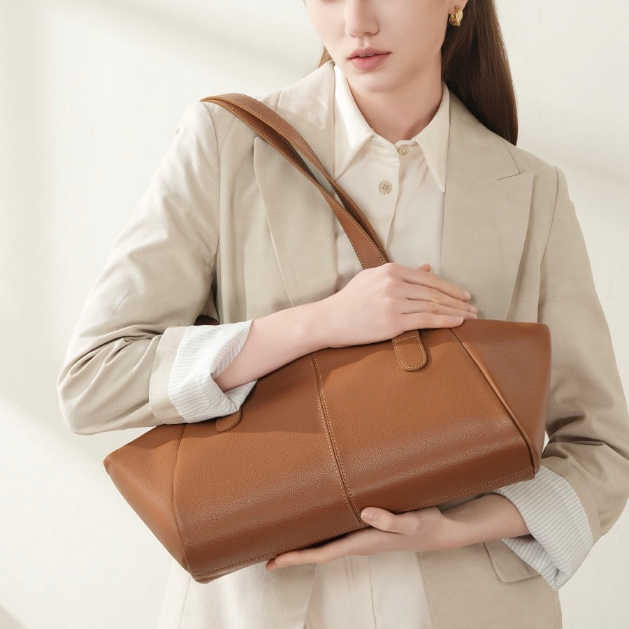 Womens Genuine Leather Winged Pleated Tote  Minimalist Large Capacity Commuter Bag